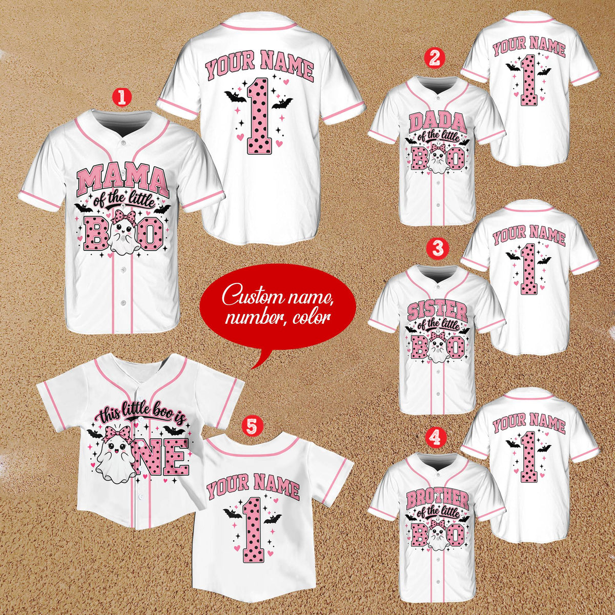 Personalized baseball jersey featuring a ghost character, front view