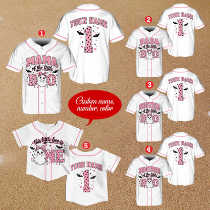 White halloween baseball jersey with little boo design, main front view