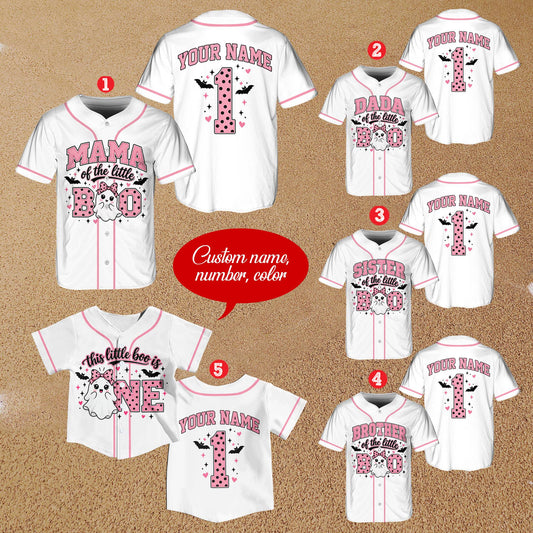 White halloween baseball jersey with little boo design, main front view