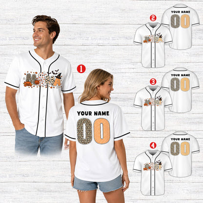 Lifestyle view of an adult wearing the personalized halloween baseball jersey in white