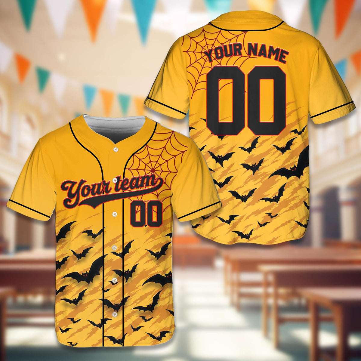 Yellow personalized baseball jersey halloween edition front view