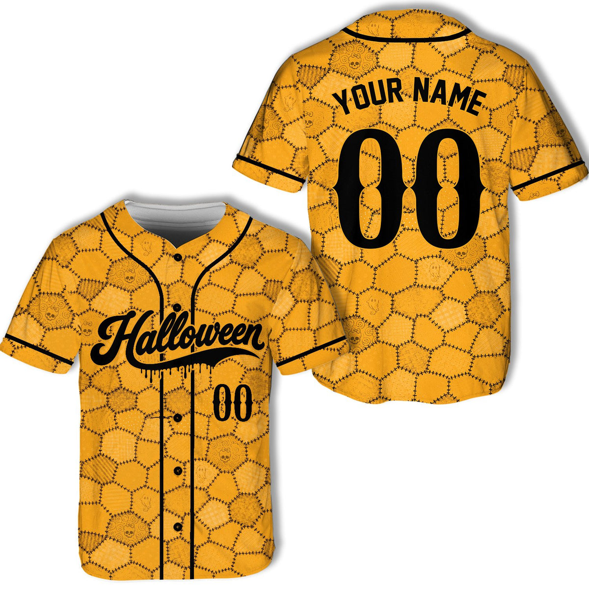 Personalized yellow halloween baseball jersey, front view