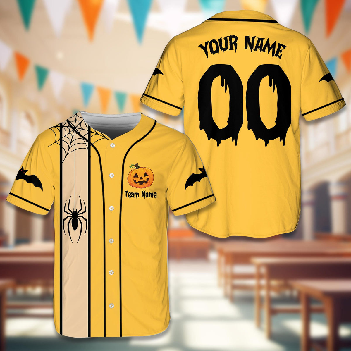 Front view of the yellow custom halloween baseball jersey design