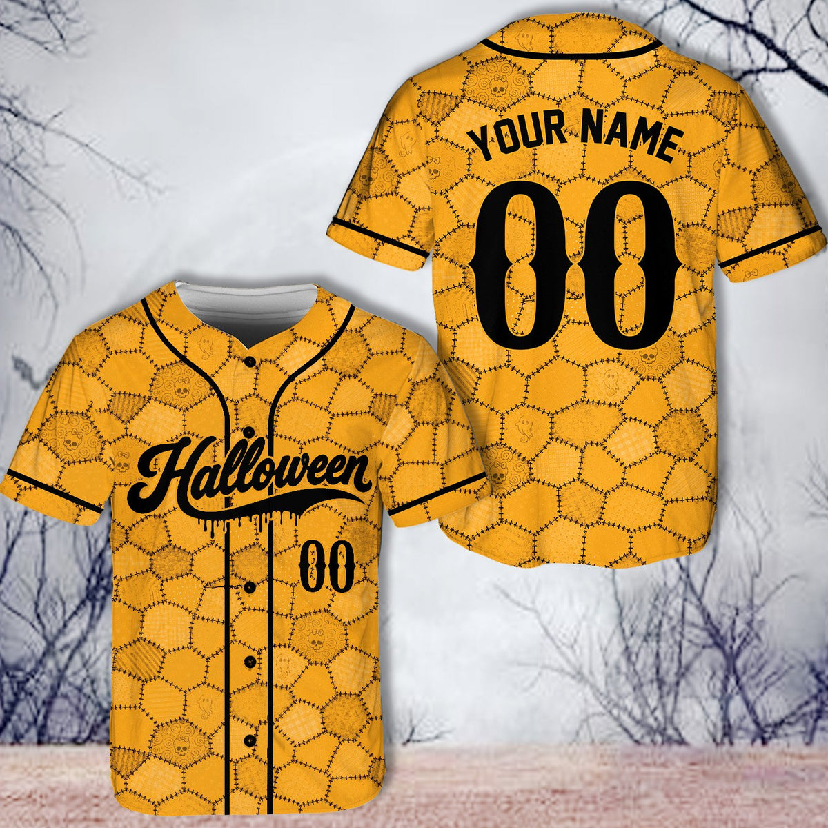 Personalized yellow halloween baseball jersey, front view alternate