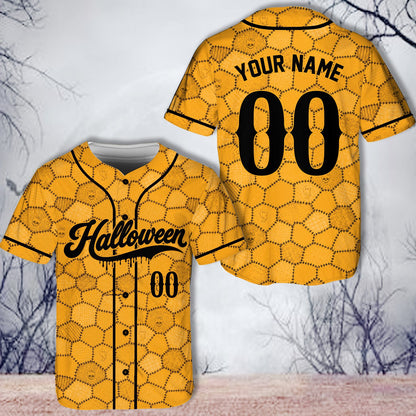 Personalized yellow halloween baseball jersey, front view alternate