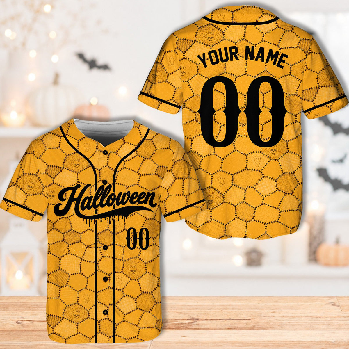 Personalized yellow halloween baseball jersey, front view close up