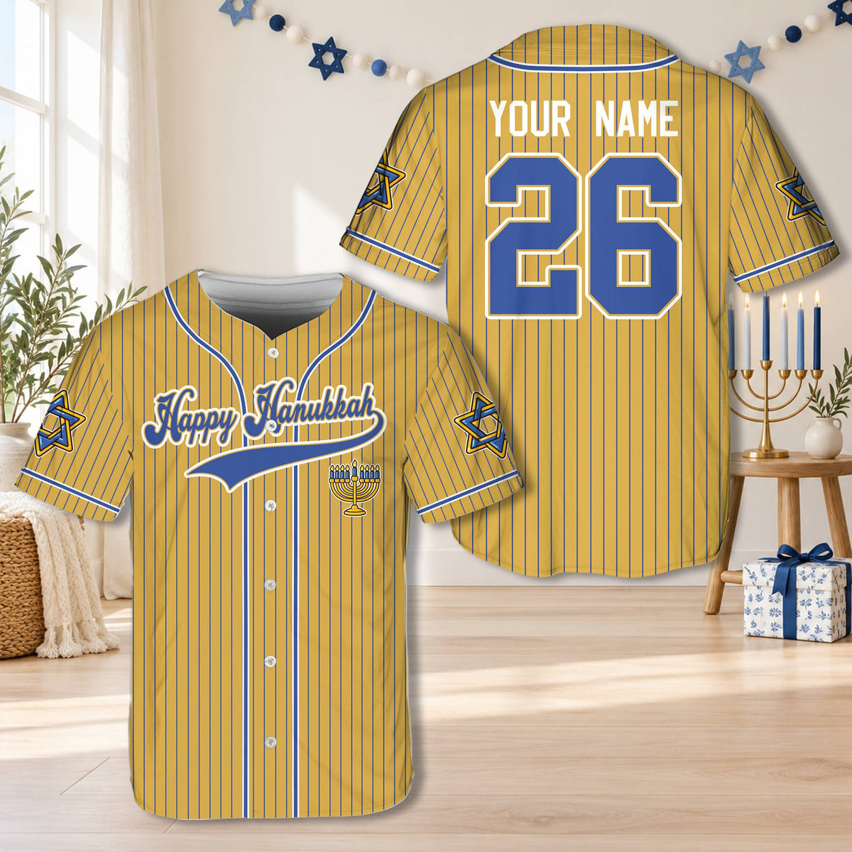 Front view of the beige hanukkah baseball jersey with pinstripes