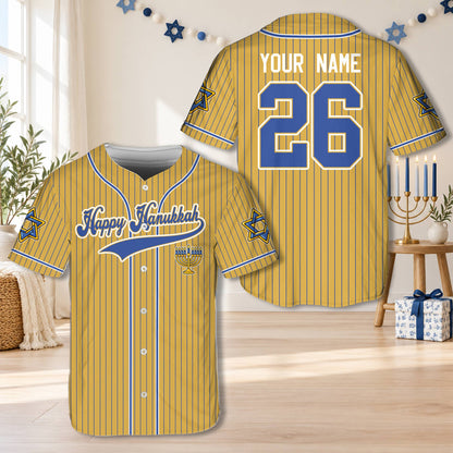 Front view of the beige hanukkah baseball jersey with pinstripes