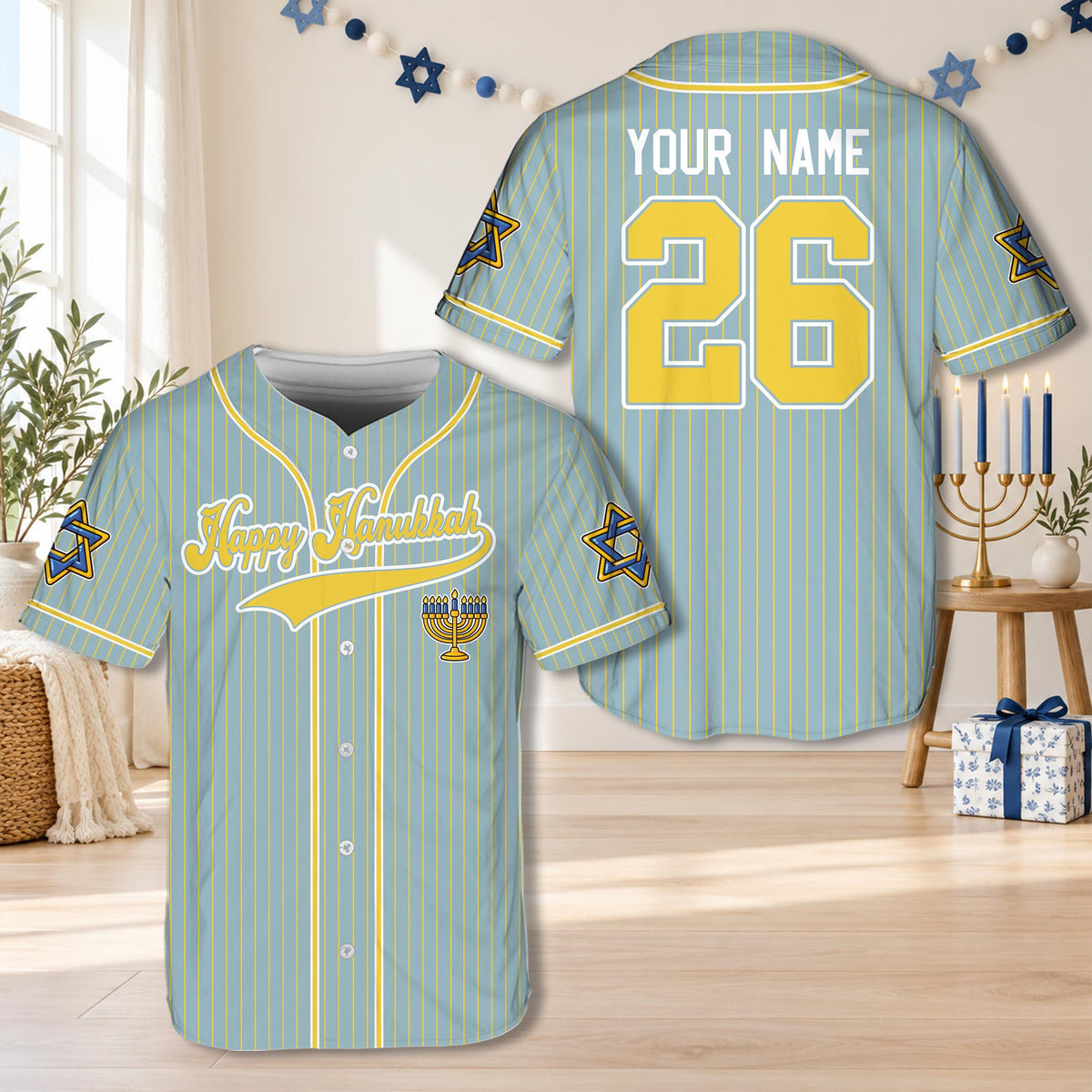 Front view of the blue hanukkah baseball jersey with cursive script and pinstripes