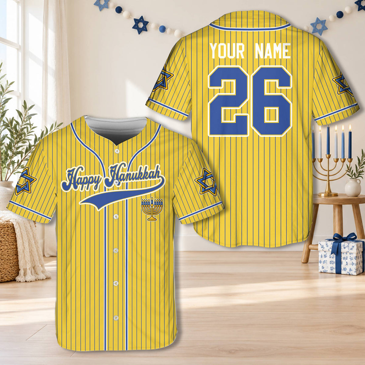 Front view of the yellow hanukkah baseball jersey with menorah design