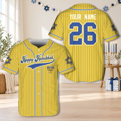 Front view of the yellow hanukkah baseball jersey with menorah design