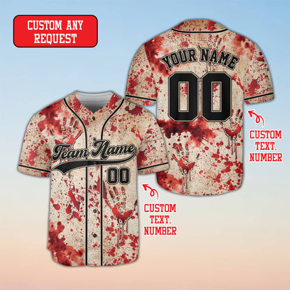 Beige personalized baseball jersey with horror design, front view