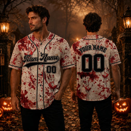 Lifestyle view of a person wearing the beige personalized horror baseball jersey
