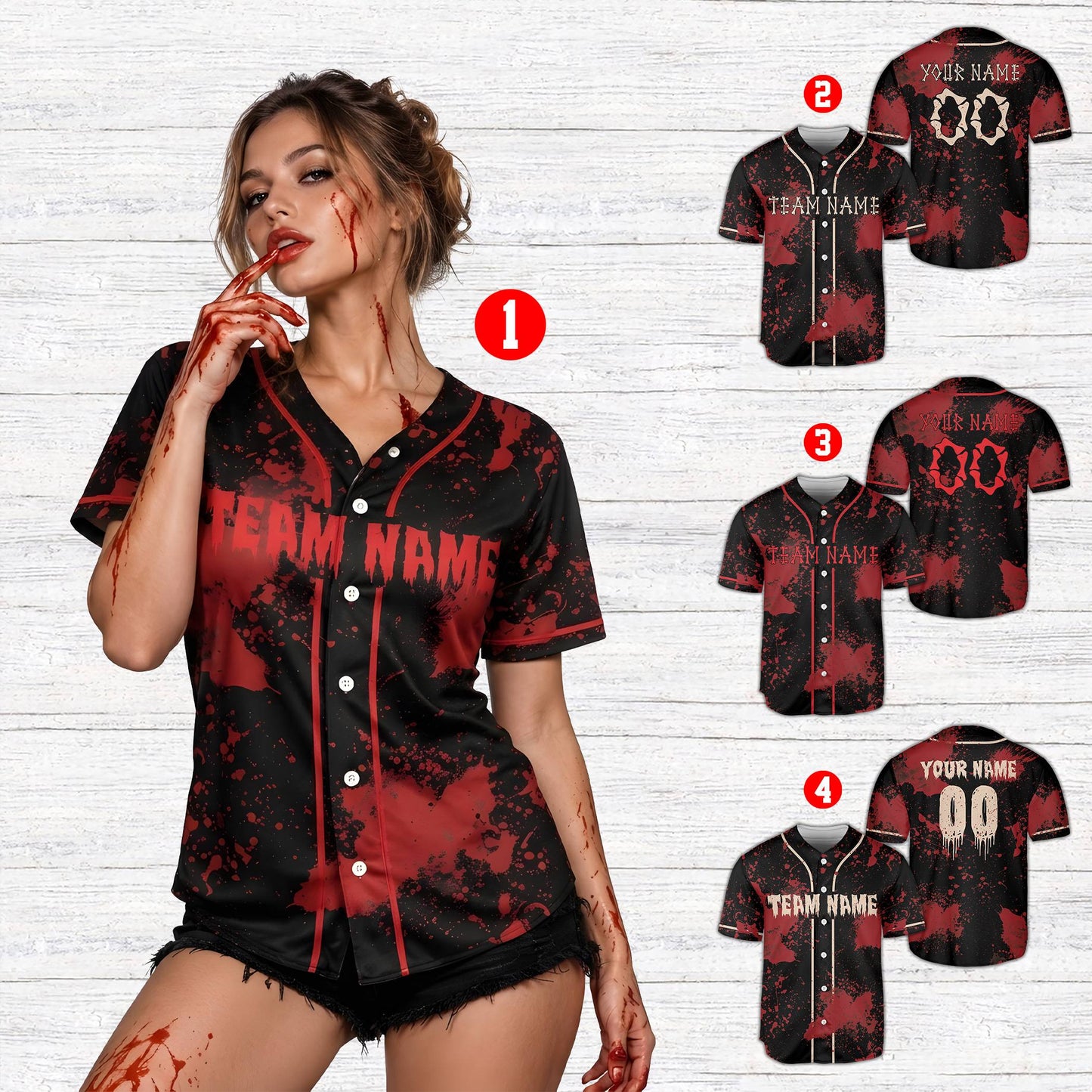 Personalized horror movie baseball jersey with dark red blood splatter on black, custom team name on front