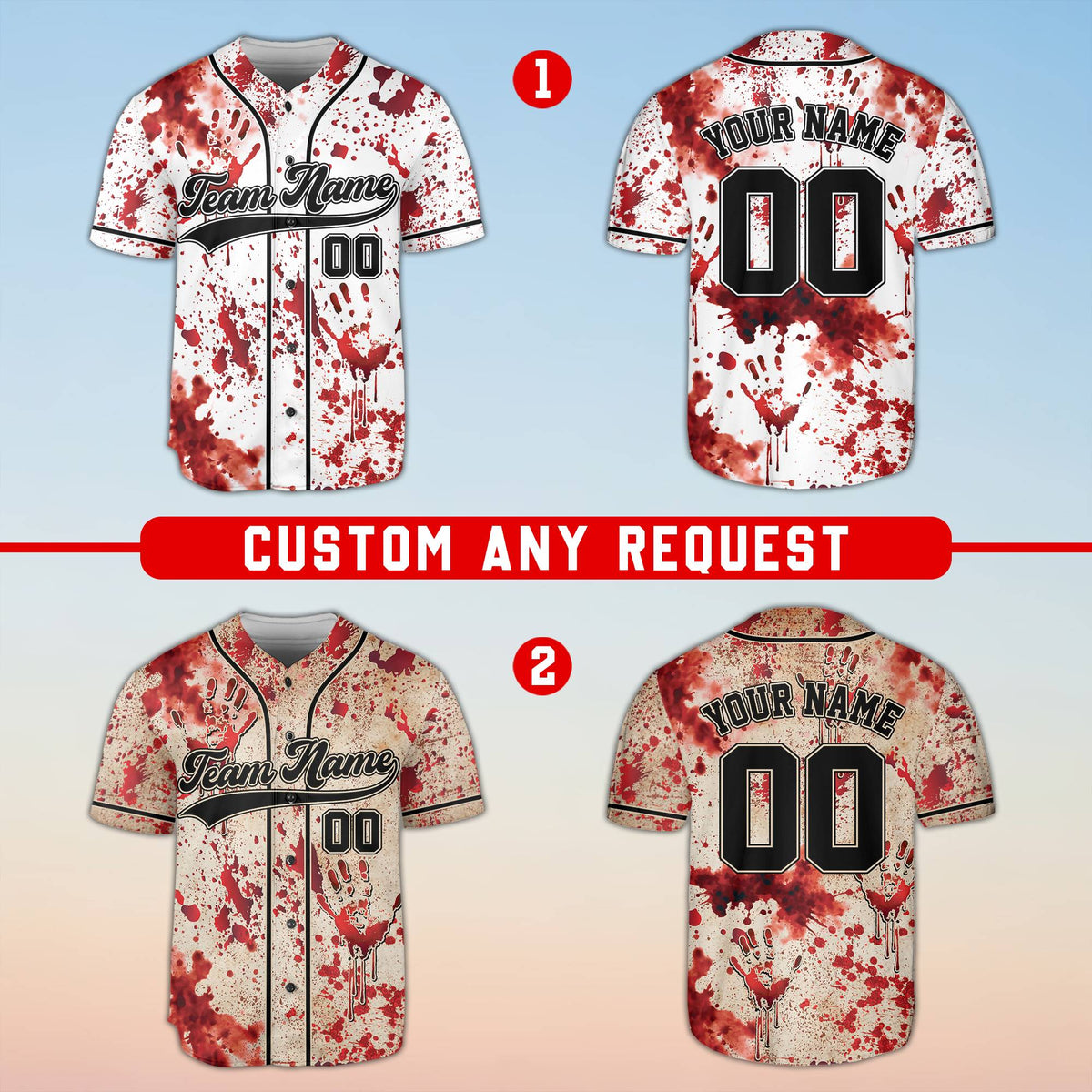 Horror baseball jersey front view featuring multicolor blood splatters