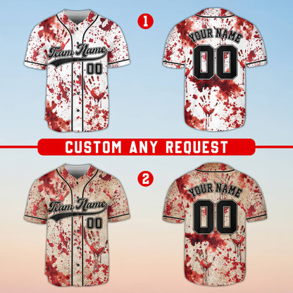 Horror baseball jersey front view featuring multicolor blood splatters