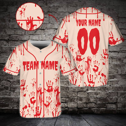 Front view of the beige spooky baseball jersey with custom horror font.