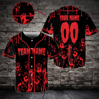 Front view of the black horror baseball jersey with blood splatter design.