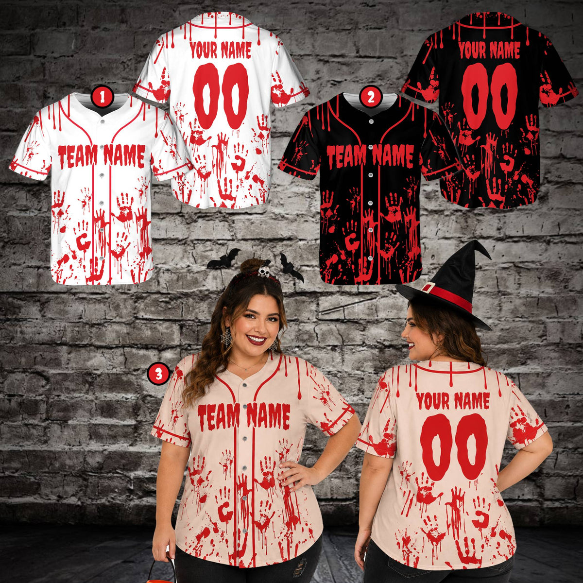 Front view of the multicolor horror baseball jersey showing dripping blood details.