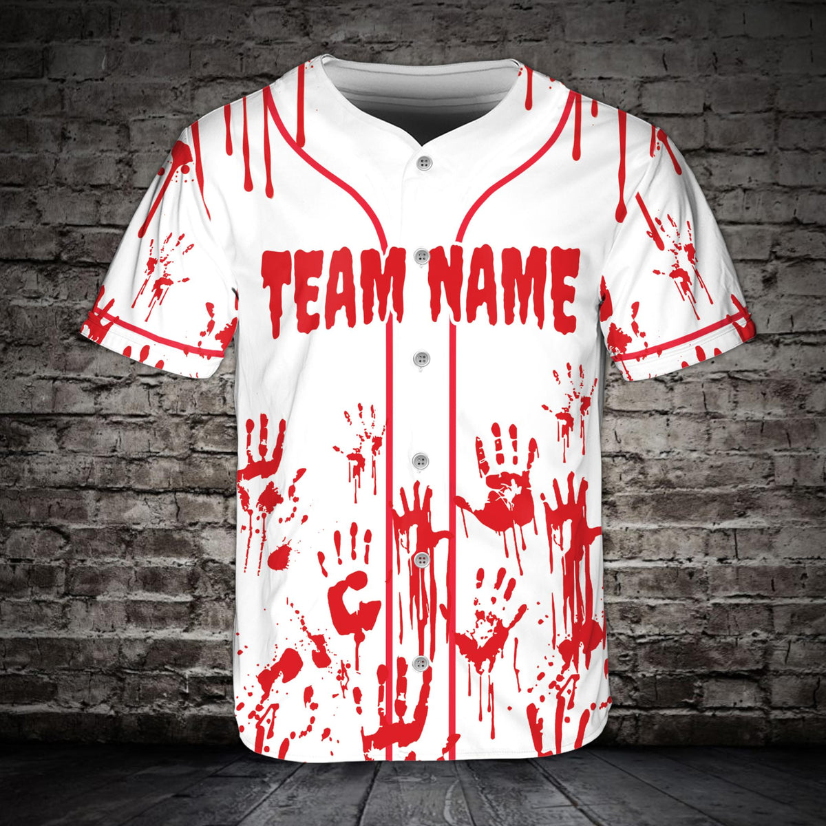 Main view of the personalized red horror baseball jersey with spooky bloody handprints and custom name.