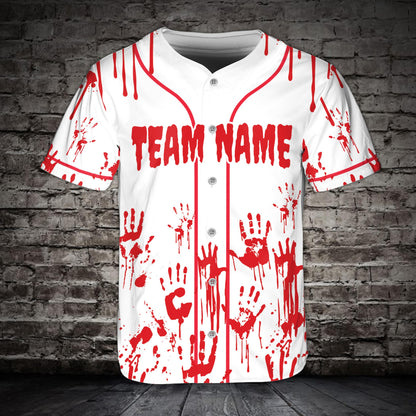 Main view of the personalized red horror baseball jersey with spooky bloody handprints and custom name.