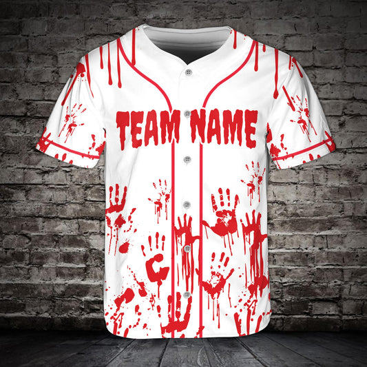 Main view of the personalized red horror baseball jersey with spooky bloody handprints and custom name.
