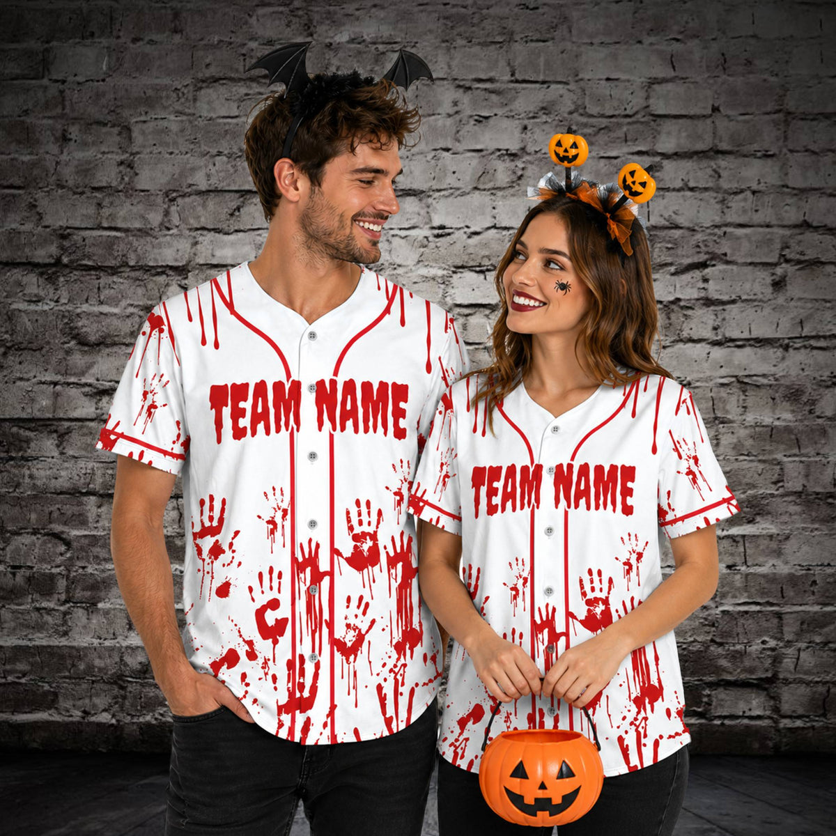Lifestyle view of an adult wearing the white personalized halloween baseball jersey.