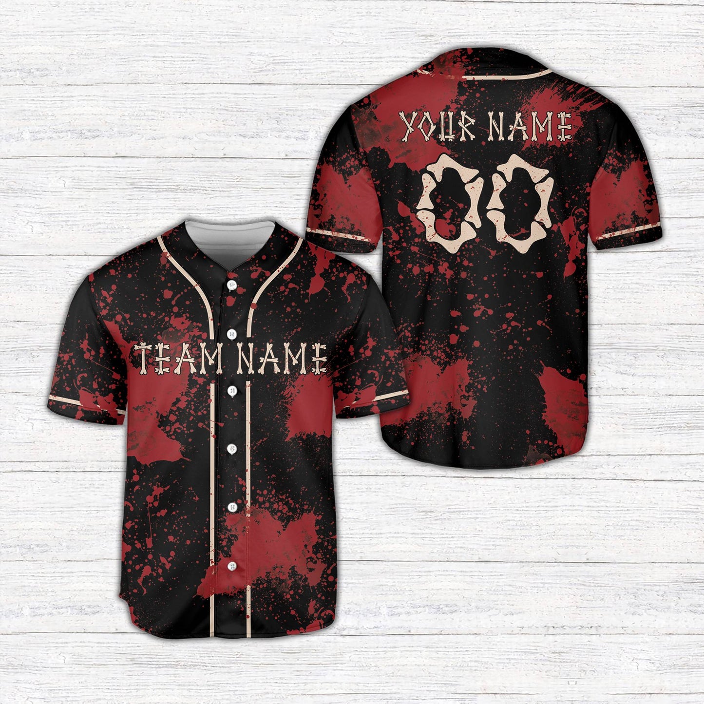 Back view of the custom baseball jersey showing personalized dripping blood font name and number