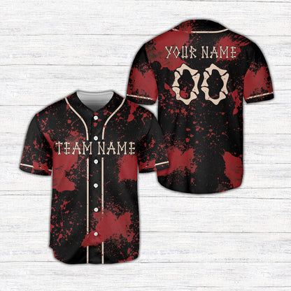 Back view of the custom baseball jersey showing personalized dripping blood font name and number