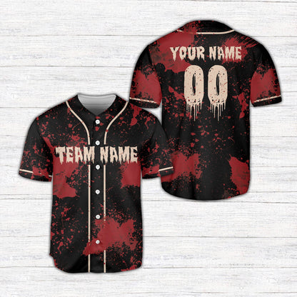Close-up detail of the blood splatter design and buttons on the horror baseball jersey