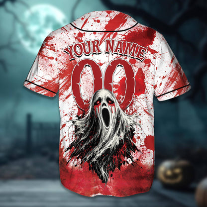 Back view of the personalized horror baseball jersey showing custom name, number, and a large screaming mask graphic