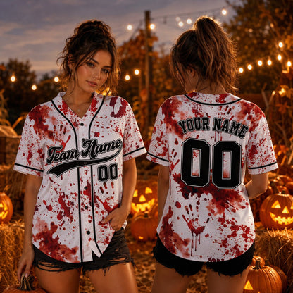 Personalized horror baseball jersey with blood splatter design and custom name, main view
