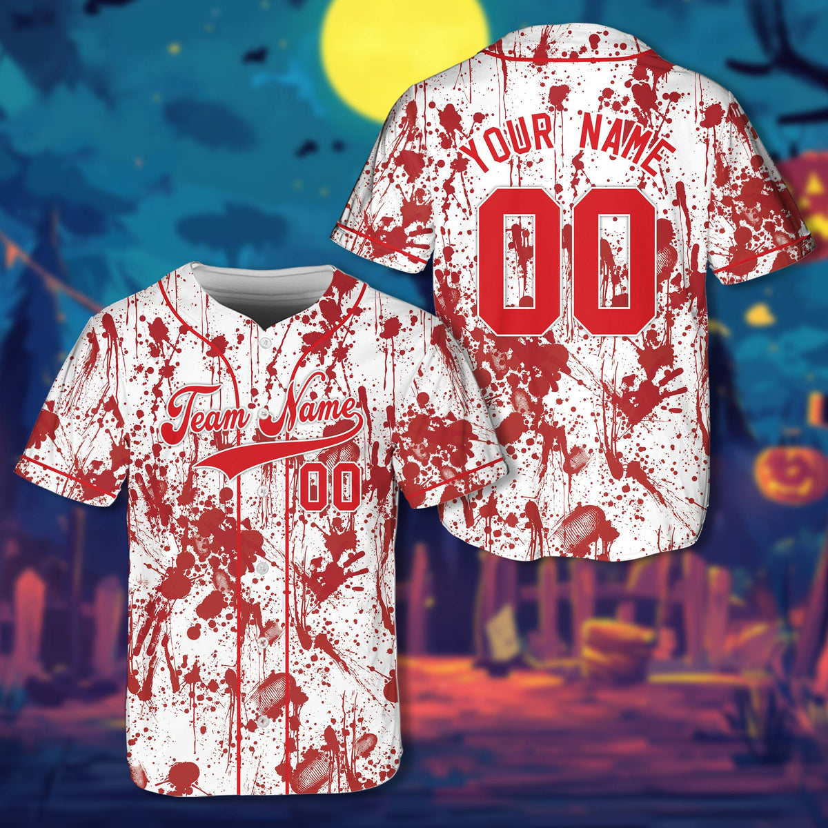 Front view of the personalized white horror baseball jersey featuring a blood splatter pattern