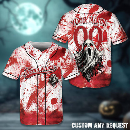Personalized horror baseball jersey featuring red blood splatter and a screaming mask graphic, main view
