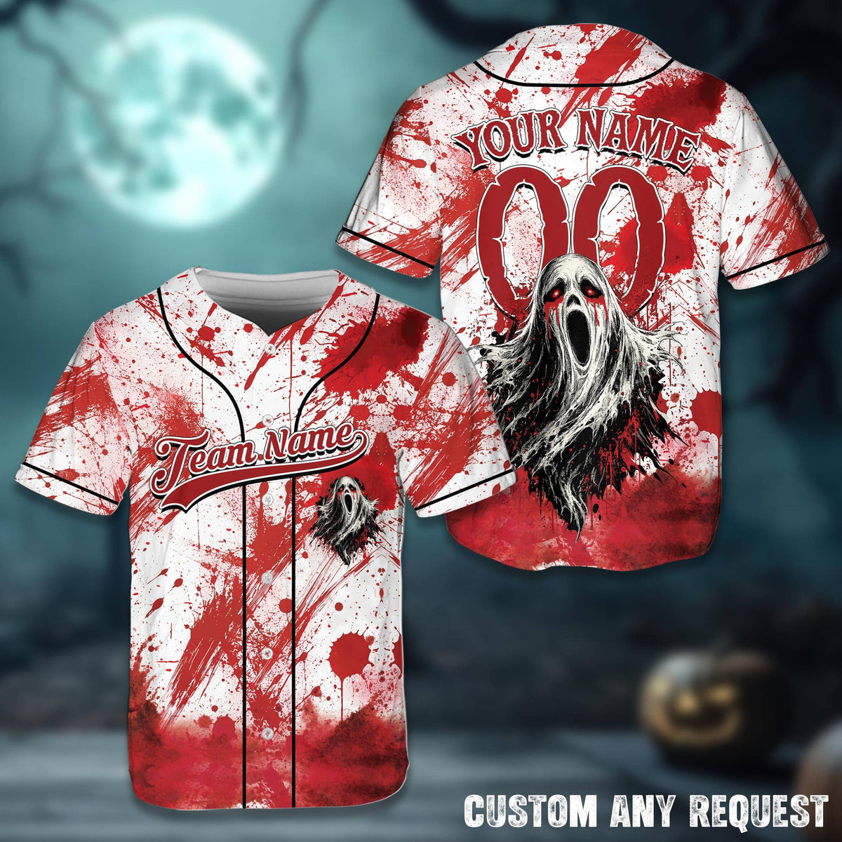 Front view of the custom horror baseball jersey displaying red blood splatter on a white background