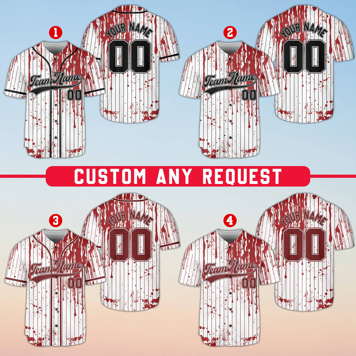 Personalized horror baseball jersey with blood splatter pinstripe design, main view