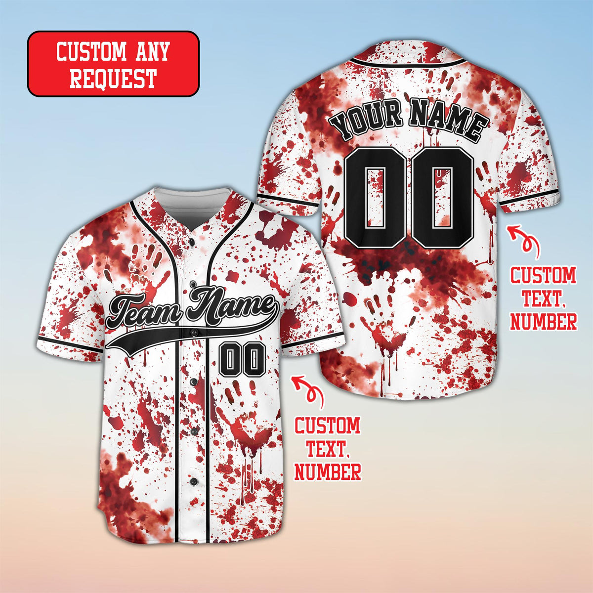 White horror baseball jersey with custom name and number options, front view