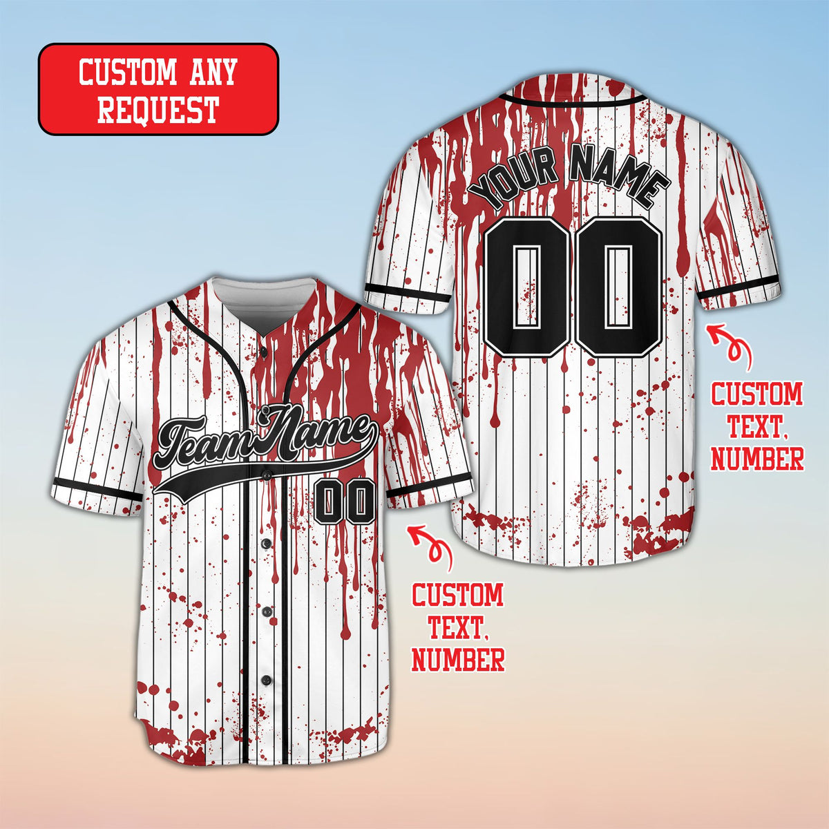 Detailed front view of the halloween baseball jersey with script font