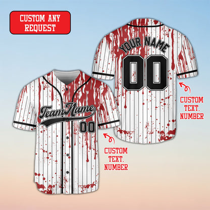 Detailed front view of the halloween baseball jersey with script font