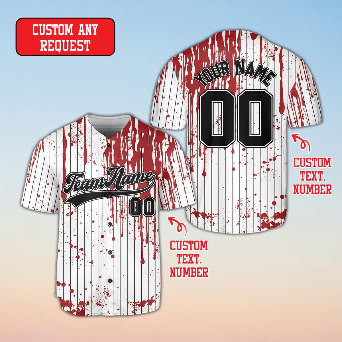 Close up front view of the personalized horror baseball jersey pinstripes