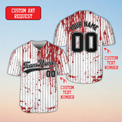 Close up front view of the personalized horror baseball jersey pinstripes