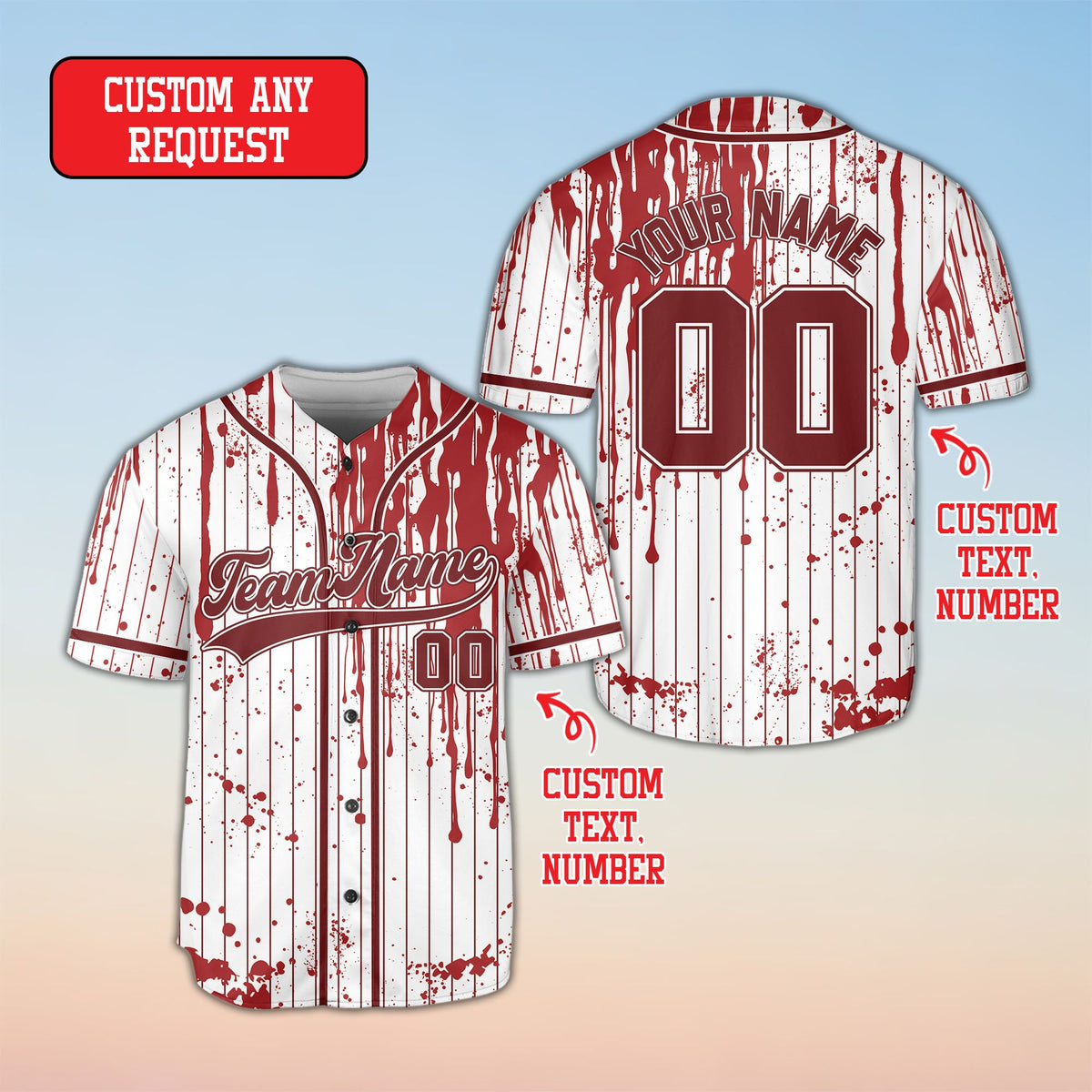Front angle of the custom blood splatter pinstripe jersey