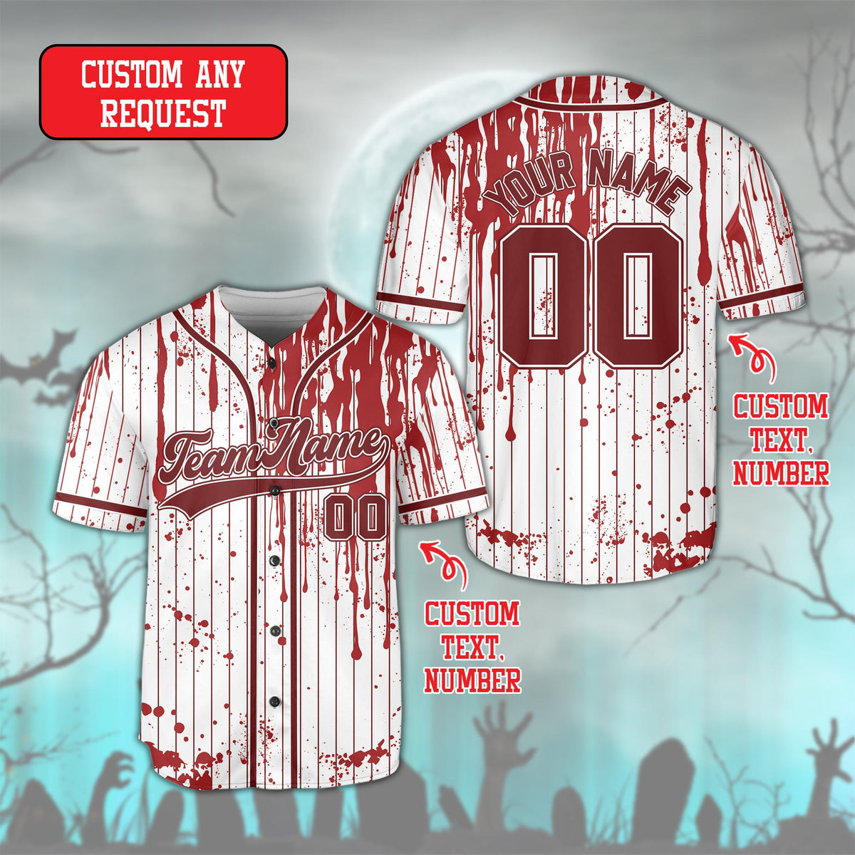 Front bottom detail of the horror baseball jersey