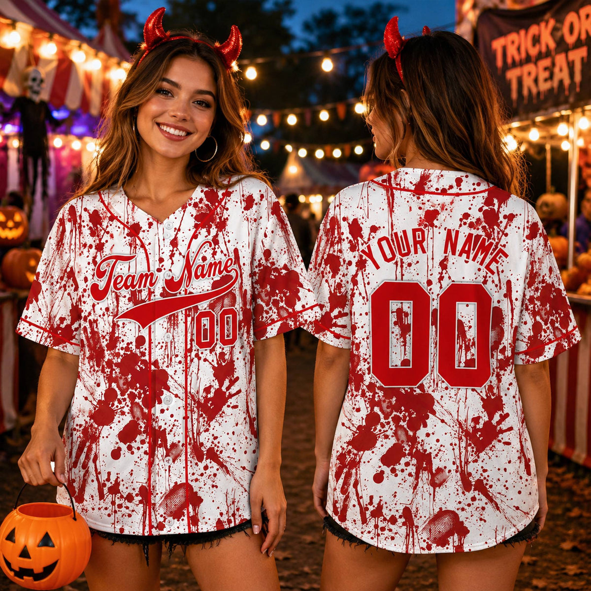 Lifestyle view of the custom name and number baseball jersey with blood splatter design