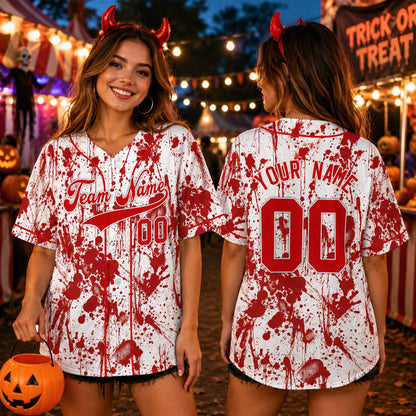 Lifestyle view of the custom name and number baseball jersey with blood splatter design