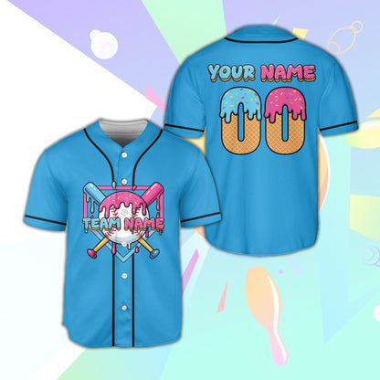 Front view of personalized blue ice cream baseball jersey