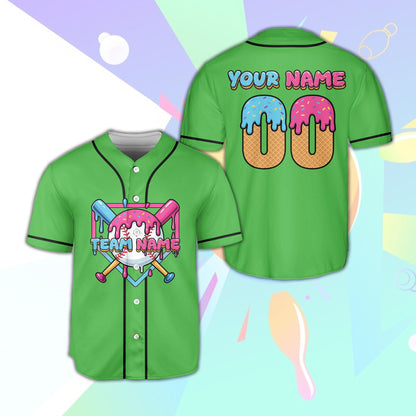 Front view of personalized green ice cream baseball jersey