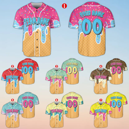 Front view of personalized pink ice baseball jersey with colorful sprinkles