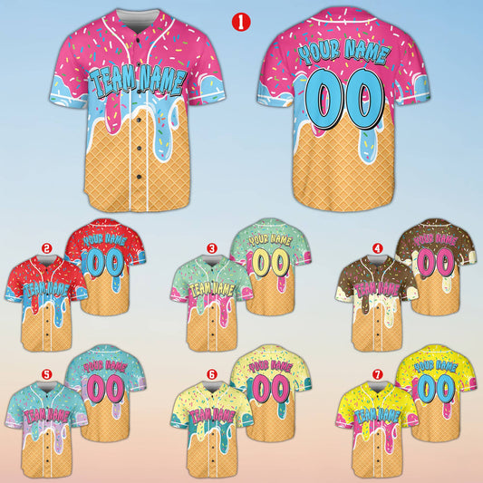 Main view of personalized pink ice baseball jersey with ice cream cone design and custom name