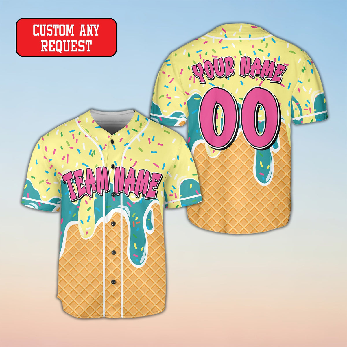 Front view of colorful ice cream baseball jersey